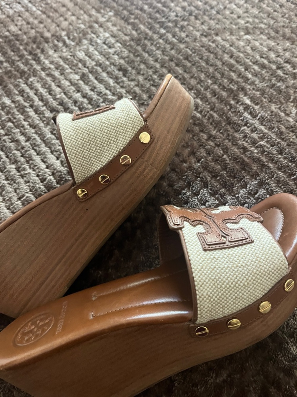 Tory Burch Brown Leather and Cream Canvas Logo Slide Mules - Picture 6 of 12